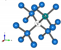Gambar 3. Struktur kristal berlian dengan NV center. Bola hijau yang merupakan representasi atom Nitrogen bertetangga dekat dengan bola putih yang merupakan kekosongan atom Karbon. 